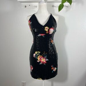 Floral Sequin Black Mini Dress Size Medium